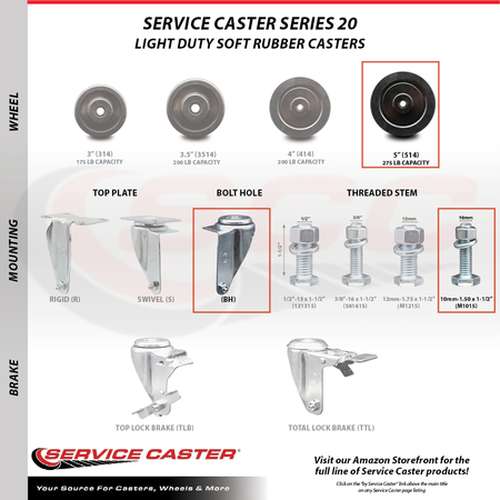 Service Caster 5 Inch Soft Rubber Wheel Swivel 10mm Stem Caster Total Lock Brake SCC, 2PK SCC-TSTTL20S514-SRS-M1015-2-S-2